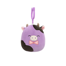 Плюшена играчка-висулка Squishmallows Лилаво-черната крава Алекси с папионка, 9 см