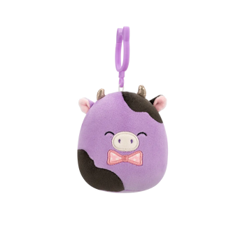 Плюшена играчка-висулка Squishmallows Лилаво-черната крава Алекси с папионка, 9 см