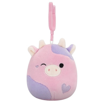 Плюшена играчка-ключодържател Squishmallows – Намигащата розово-лилавата крава Пати, 9 см